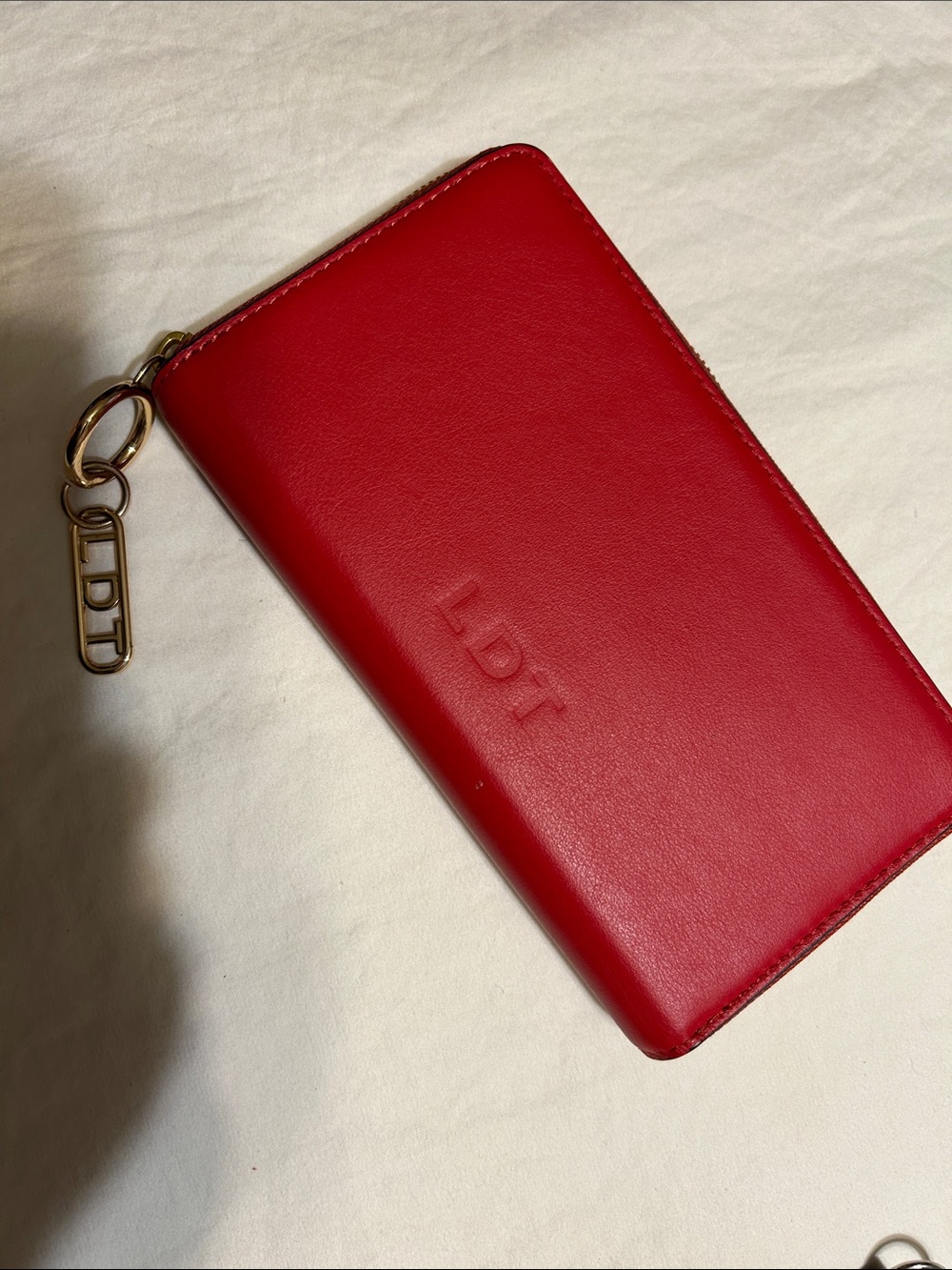 LDI Red Leather Zip Card Holder with Gold-Tone Charm
